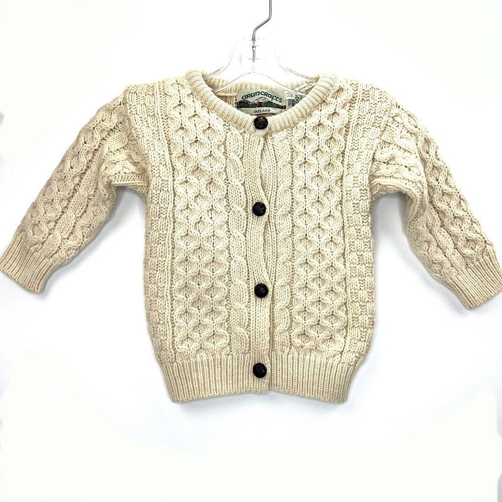 Aran Crafts Ireland Ivory Cable Knit Thick Cardigan 2-3 Yr. 100% Merino Wool NWT